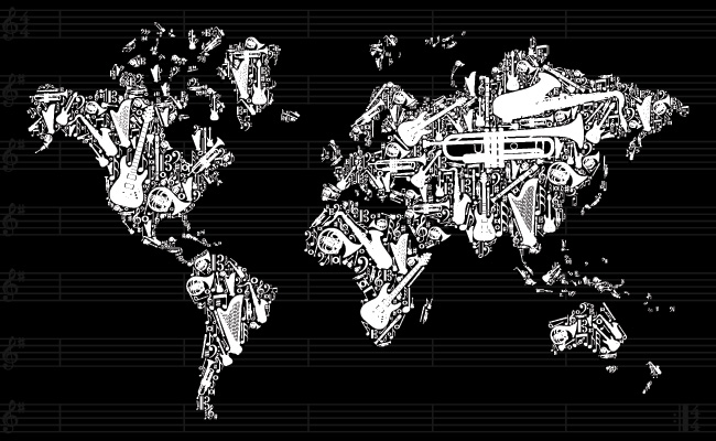 An image of a map with various instruments located on the continents